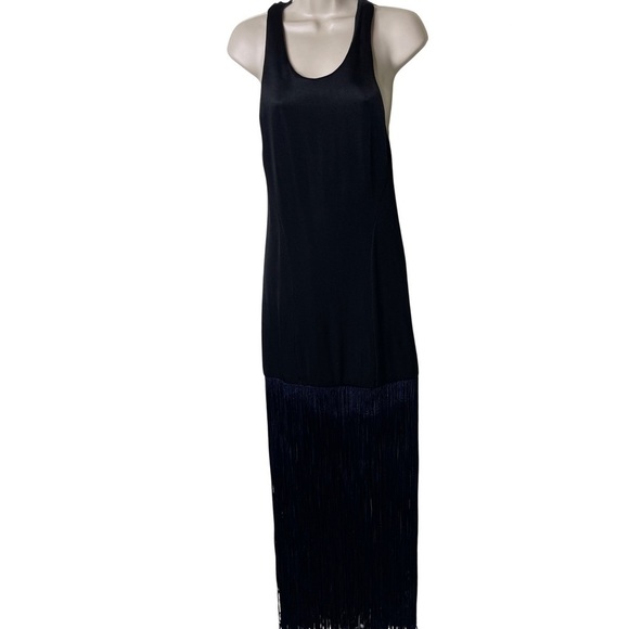 Galvan London Black Navy Fringe racer back dress sz 6
